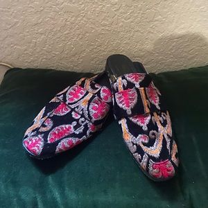 Black, orange and pink paisley Free People Mules